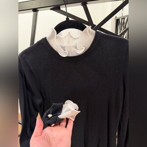CeCe Black Top with White Ruffled Neckline